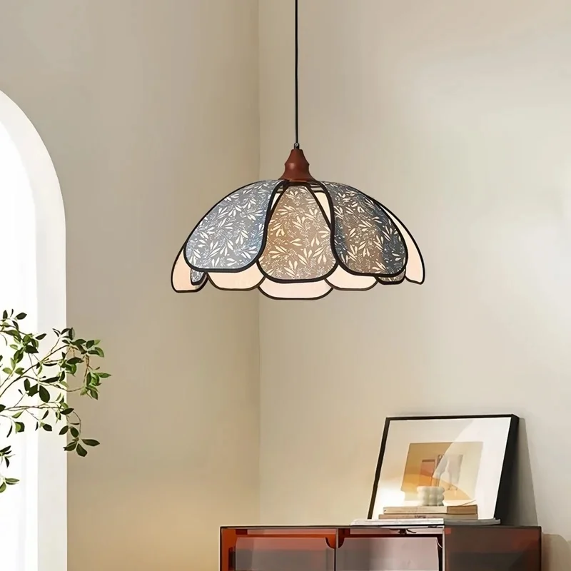 Vintage Floral Fabric Pendant Light Petal Scalloped Shade Hanging Lamp Retro Print Suspension Light For Dining Room Kitchen