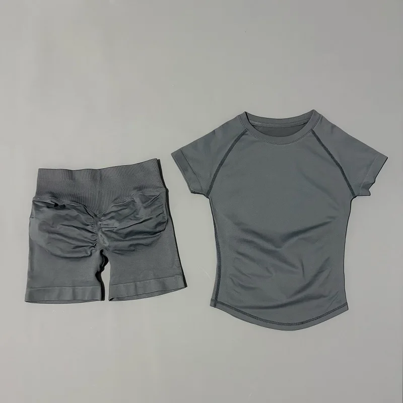 2 Stuks Histello Sportset Vrouwen Korte Mouw Top Naadloze Scrunch Bum Joggers Pak Trainingsbroek Past Gym Fitness Sets