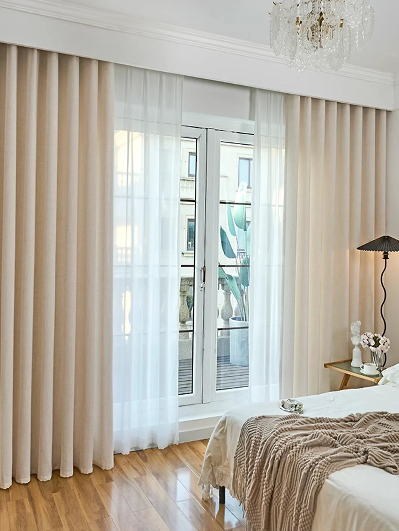 French retro high-end Japanese linen curtains beige living room bedroom gauze curtains for all season
