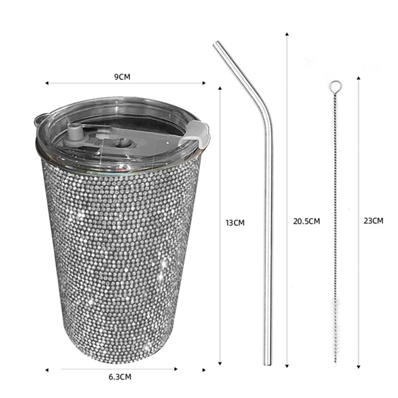 1 PC Diamond Inlaid Beverage Cup Simple and Fashionable Stainless Steel Straw Coffee Cup with Diamond Inlay 550ml