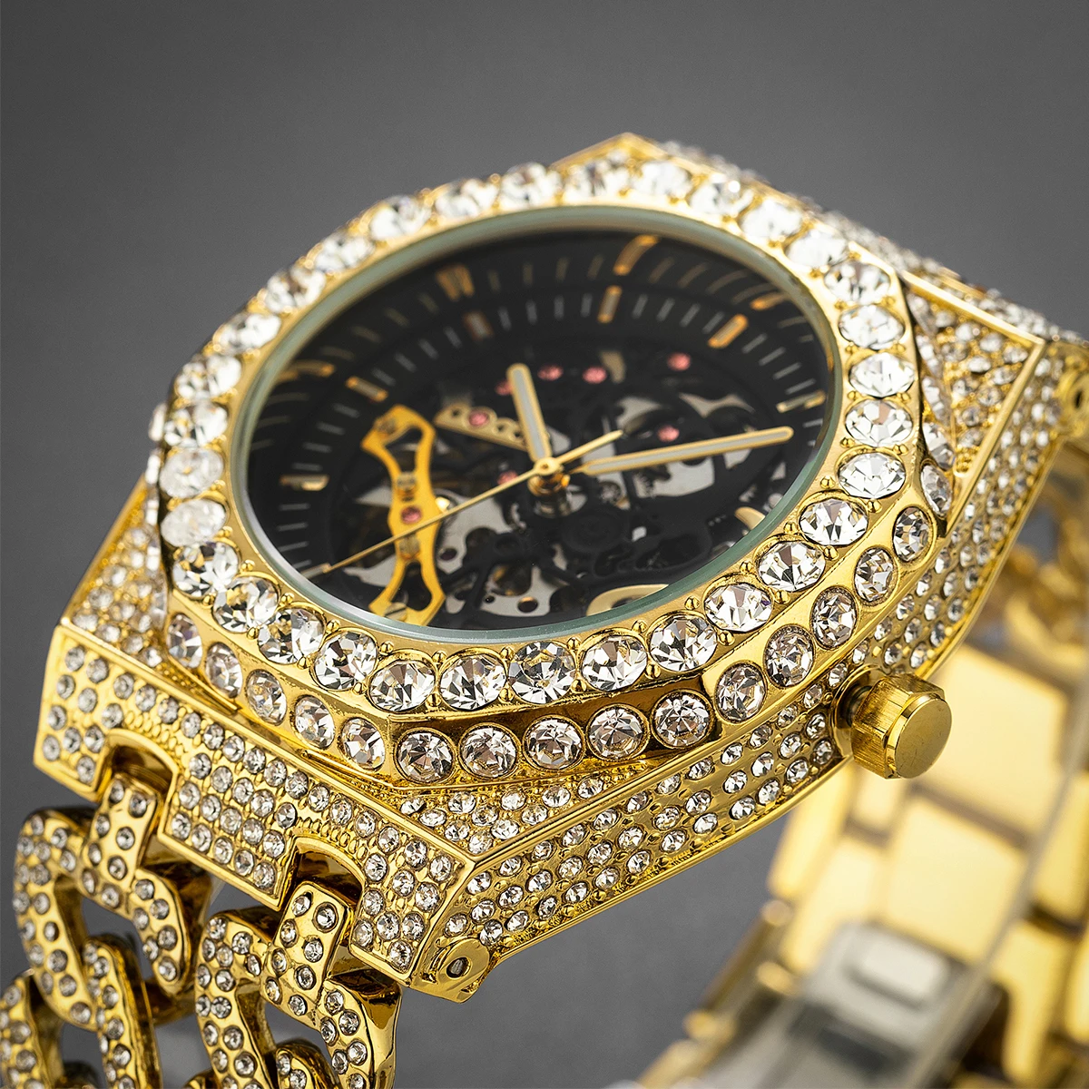 2024 MISSFOX Fashion Diamond Watch For Mens Luxury Skeleton Automatic Watches Hip Hop Cuban Chain Gold Mechanical Wristwatch Man