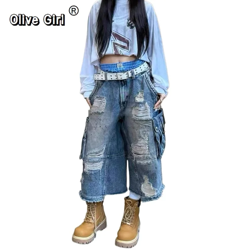 

Olivegirl Summer Women American Retro Jorts Jean Ripped Shorts Japanese Y2K 2000s Goblin Core Punk Calf-Length Denim Pants