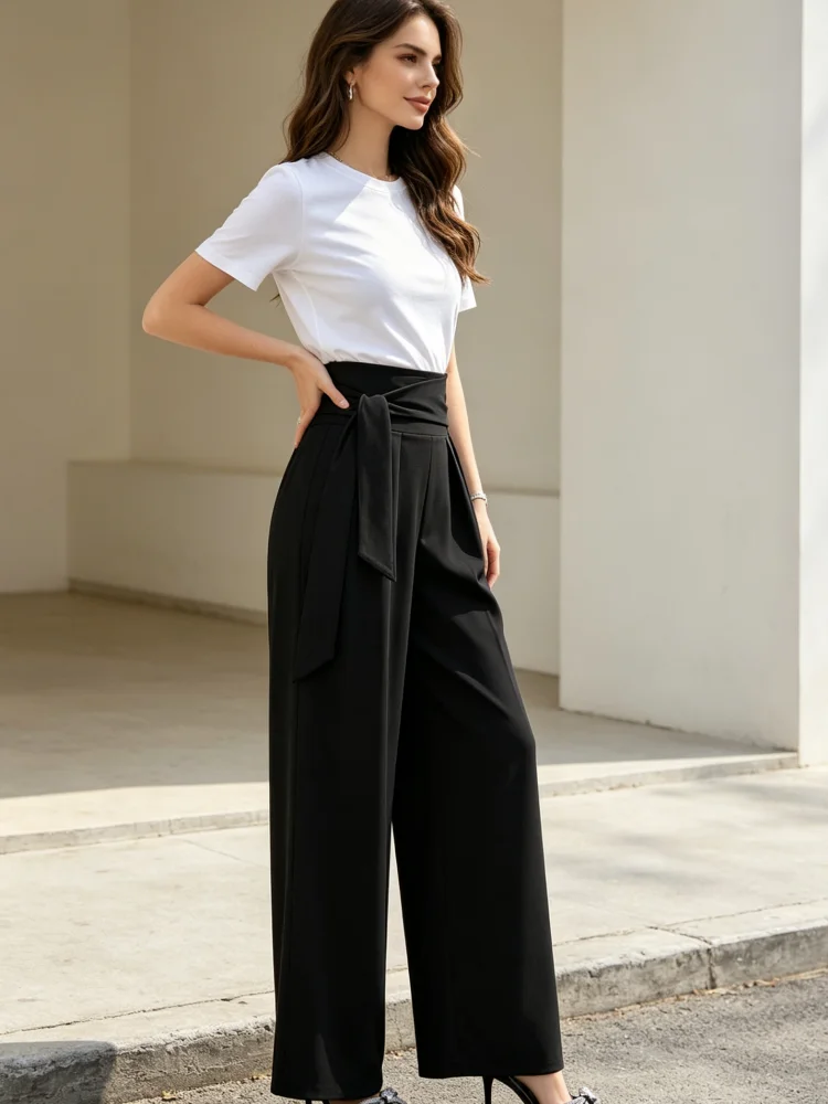 Weit geschnittene Damenhose, schwarz, hohe Taille, mit Bindegürtel, plissiert, lange Hose, elegante Business-Casual-Hose für das Büro – Detail 2