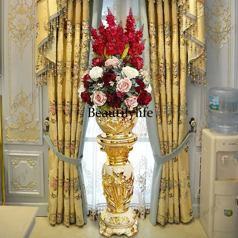03 floor-to-ceiling large vase set European court retro Roman column living room porch home soft decoration flower arrangement