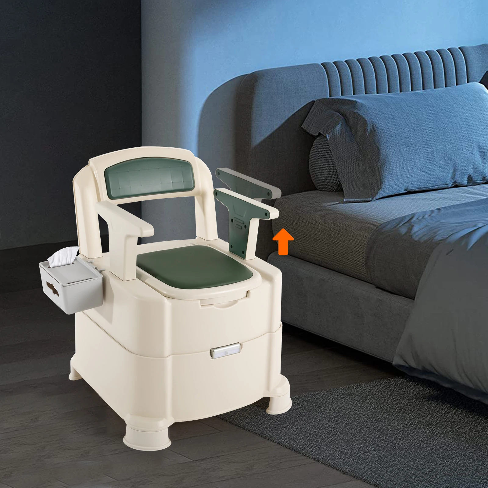 

NEW Portable Bedside Commode w/PIR Sensor Light 440.92lbs Load Non-Slip for Elderly Pregnant Disabled Use Removable Armrests