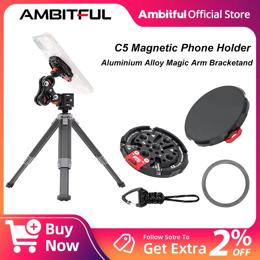 AMBITFUL C5 Vlogger Magsafe Holder Magnetic Phone Base 1/4'Screw Hole for Mounting on Heads Aluminium Alloy Magic Arm Bracketand