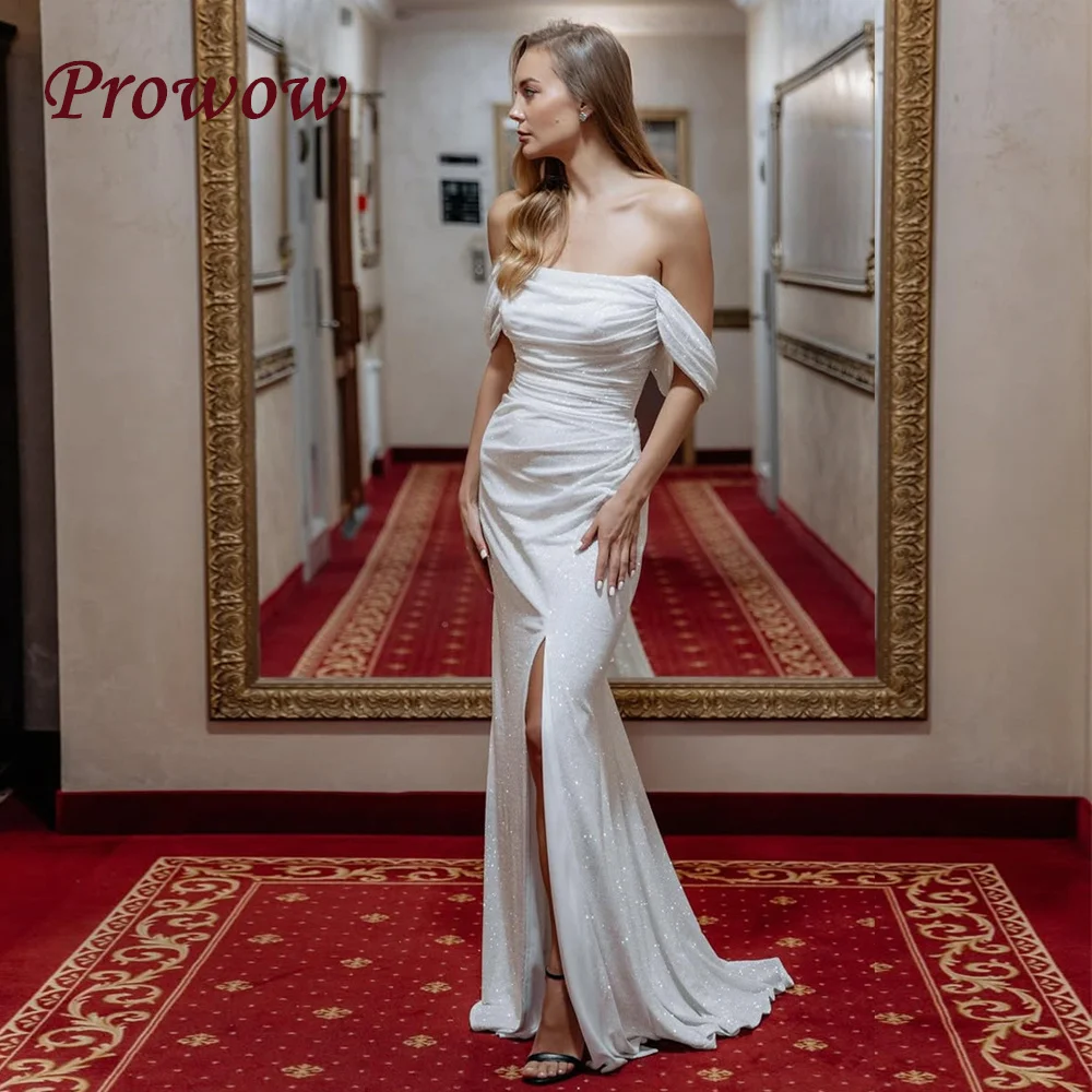 

Prowow Elegant Gliter Mermaid Wedding Dresses Pleats Side Slit Bridal Gowns Cape Sleeves Customized Floor Length Zip Back