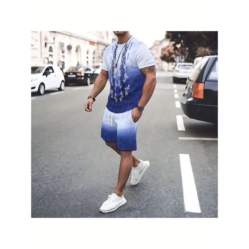 

2025 модный модный комплект из двух предметов из полиэфирного волокна, футболка с круглым вырезом и 3D принтом, комплект с шортами, повседневный спортивный стиль на открытом воздухе