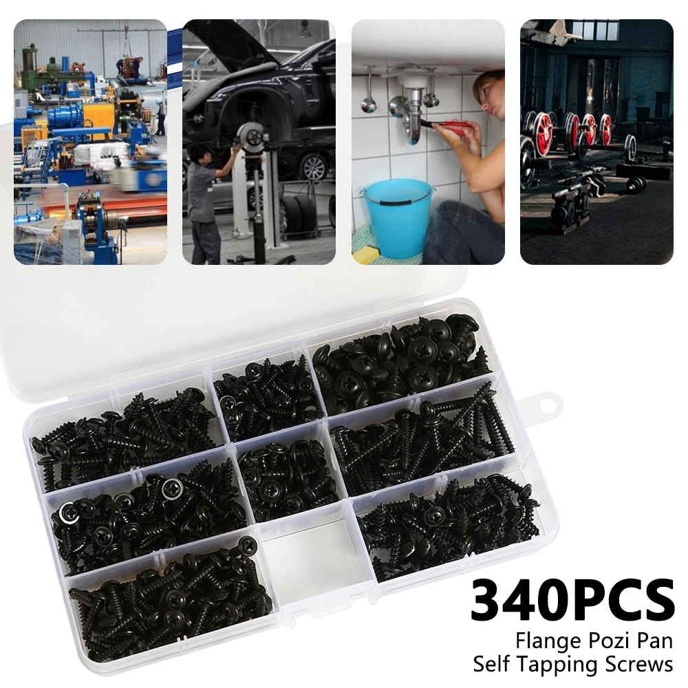 340/500pcs Pan Head Tapping Screw Cross Head M3/M4/M3.5/M4.8 Self Tapping Screw Set Assortment Kit Black Furniture Carbon Steel