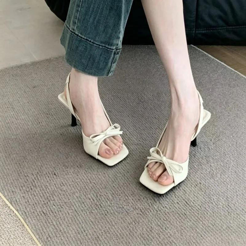 Summernew Arrivalelegant Side Open Toe Sandals Women's Frenchretrobows Square Toe Stiletto High Heels Women
