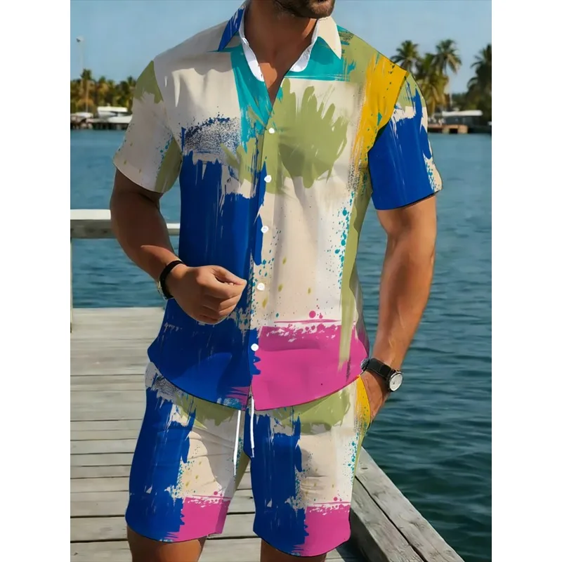 Men's Polyester Beach Shirt Set Colorful Paint Splash Design Casual for Pool Resort Vacation