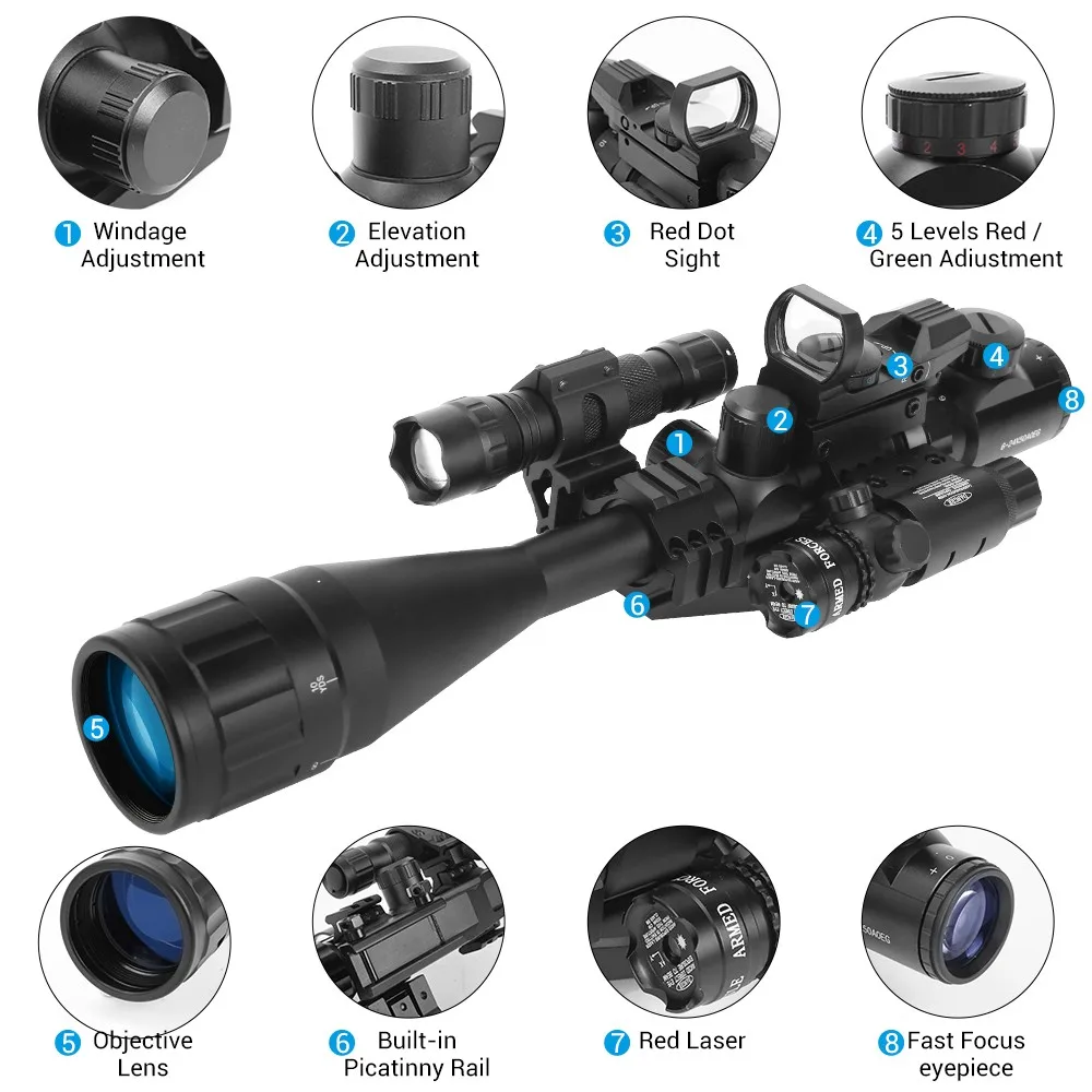 6-24x50 AO Rifle Scope Dual Illuminated Optics Combo with Red/Green Laser Sight Red/Green Dot Sight Scope Weapon Flashlight