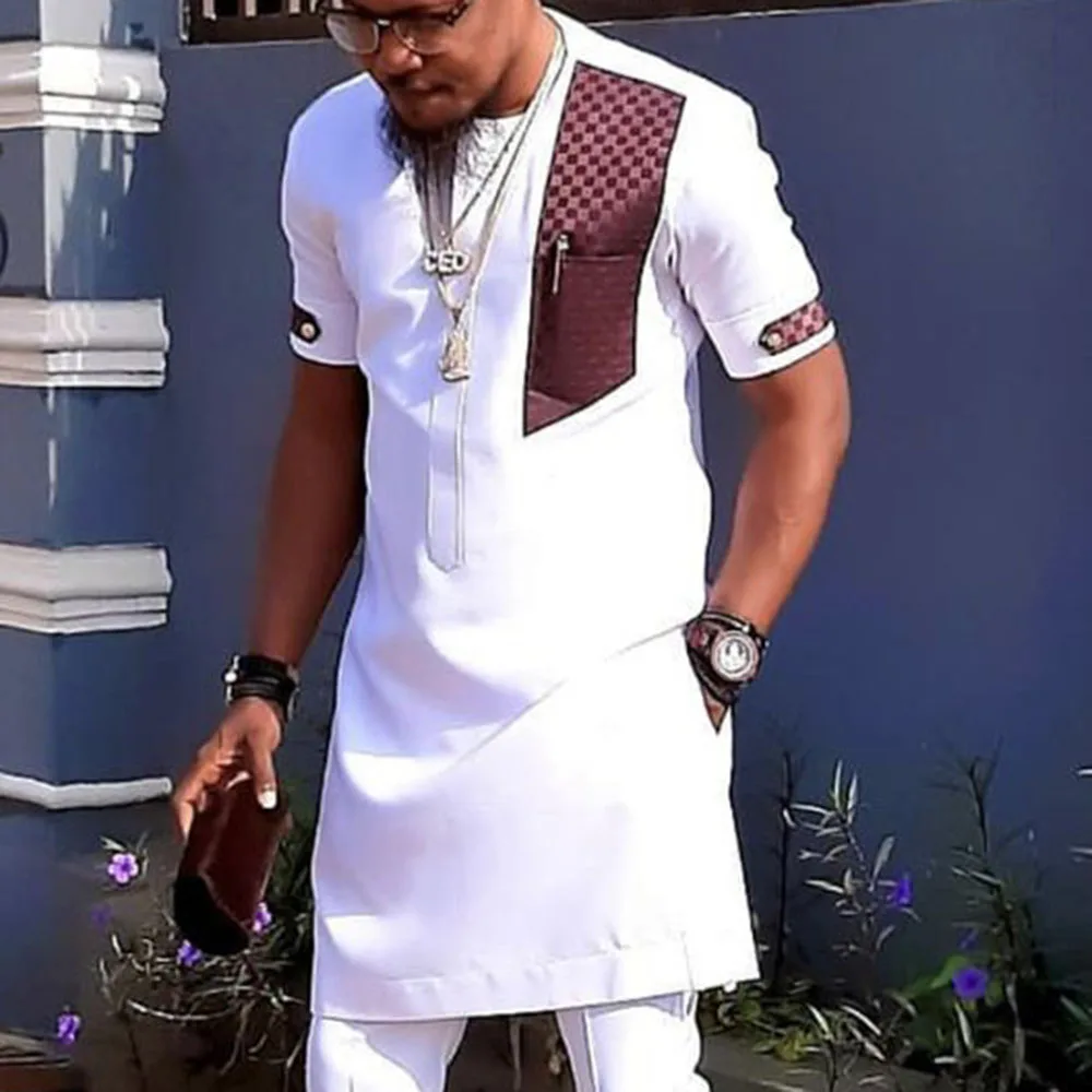 White Patchwork African Dress Shirt Men 2023 Brand Short Sleeve African Clothes Streetwear Casual African Men Traditional Outfit