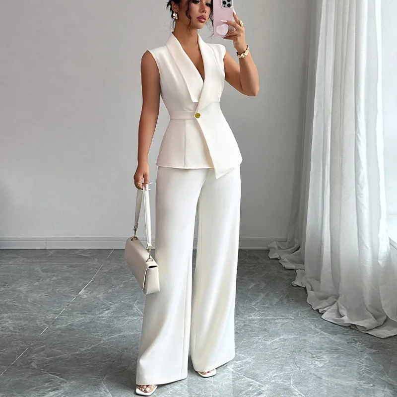 Women's Vest Straight Pants Two-piece Set Bleisure Wear Wrinkle resistant High Waist Tummy control Office Casual Ladies Outfit