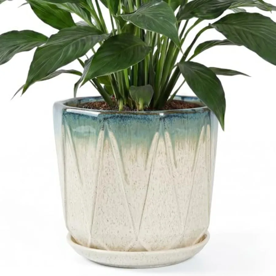 

Indoor/outdoor 10-inch ceramic plant pot with drainage hole and mesh net, blue linen finish, lightweight yet durable for garden