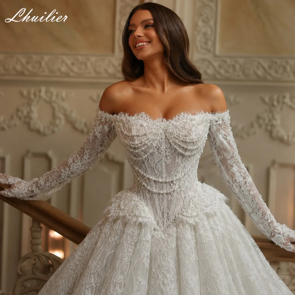 Lhuilier Customized Women's Ball Gown Lace Wedding Dresses Off the Shoulder Full Sleeves Beaded Bridal Gown with Chapel