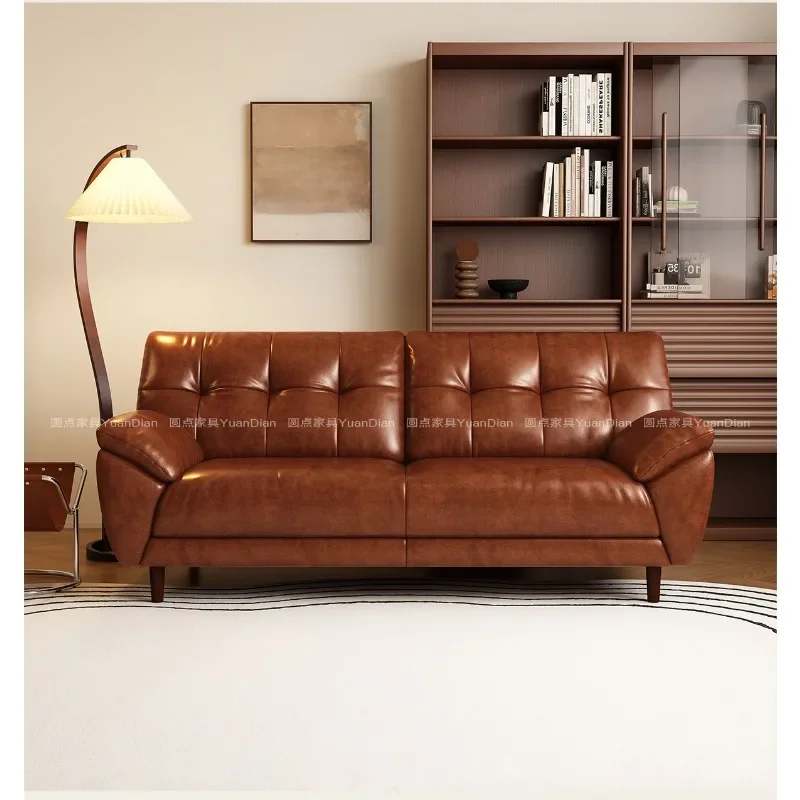 Retro style oil wax leather sofa living room 2026 new double small apartment three cowhide sofa straight row