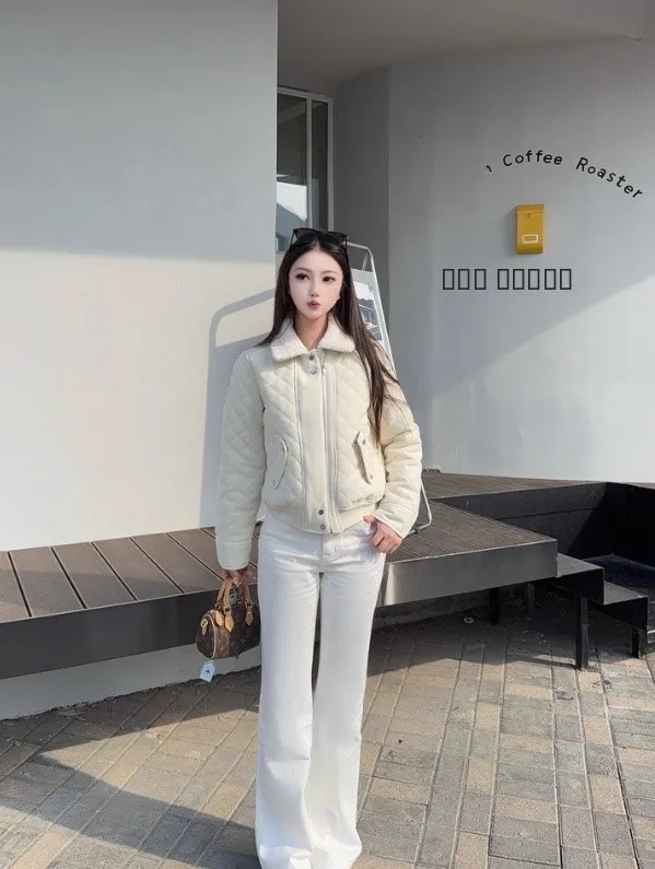 

Korean Sle Thiened Winter Coat Women's Design Sense High Warmth Cotton Flannel Jaet Diamond Stitched Turn-down Collar