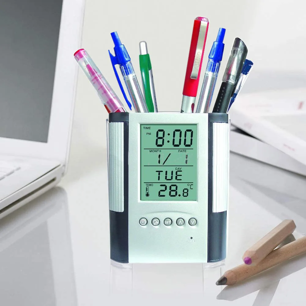 Portalápices de calendario perpetuo con pantalla LCD, soporte de bolígrafo de reloj Digital, adecuado para decoración de dormitorio/escritorio