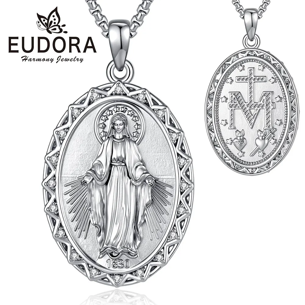 Eudora Copper Virgin Mary Necklace Mother of God Sacred Heart Cross Pendant Religious Amulet Protection Jewelry for Woman Man