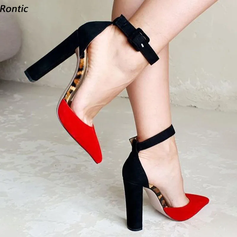 Rontic New Arrival Women Spring Pumps Buckle Strap Suede Chunky Heels Pointed Toe Beautiful Red Fuchsia Party Shoes US Size 5-15