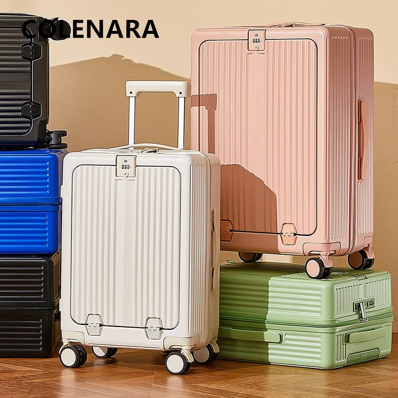 COLENARA الألومنيوم الإطار حقيبة سستة الصعود 20 "24 بوصة PC حقيبة تروللي بعجلات الجبهة افتتاح الكمبيوتر المحمول المرأة المتداول الأمتعة