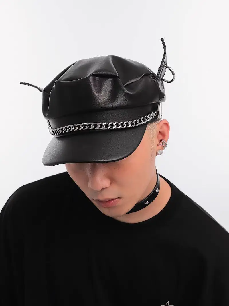 

Korean Style PU Leather Horn Eared Beret Design Retro Duckbill Cap Women Men Autumn Winter Street Fashion Personalit Newsboy Hat