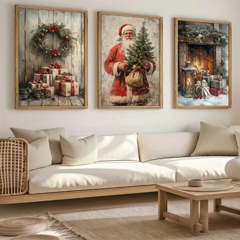 

3pcs Retro Santa Claus, Trees, Gift Box Canvas Poster Picture Wall Art Living Room New Year Gift Decoration, Room Decoration