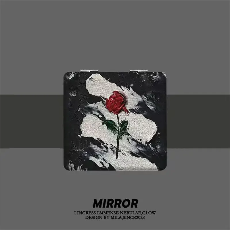 

Red Rose Mini Foldable Portable Double-sided Flip-up PU Makeup Mirror Normal and Magnifying Mirror Comb With Magnetic Suction