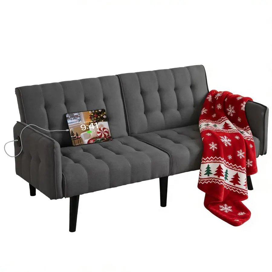 

65 Convertible Futon Sofa Bed w 2 USB, Upholstered Tufted Small Adjustable Folding Couch Loveseat, Modern Mid Century Customized