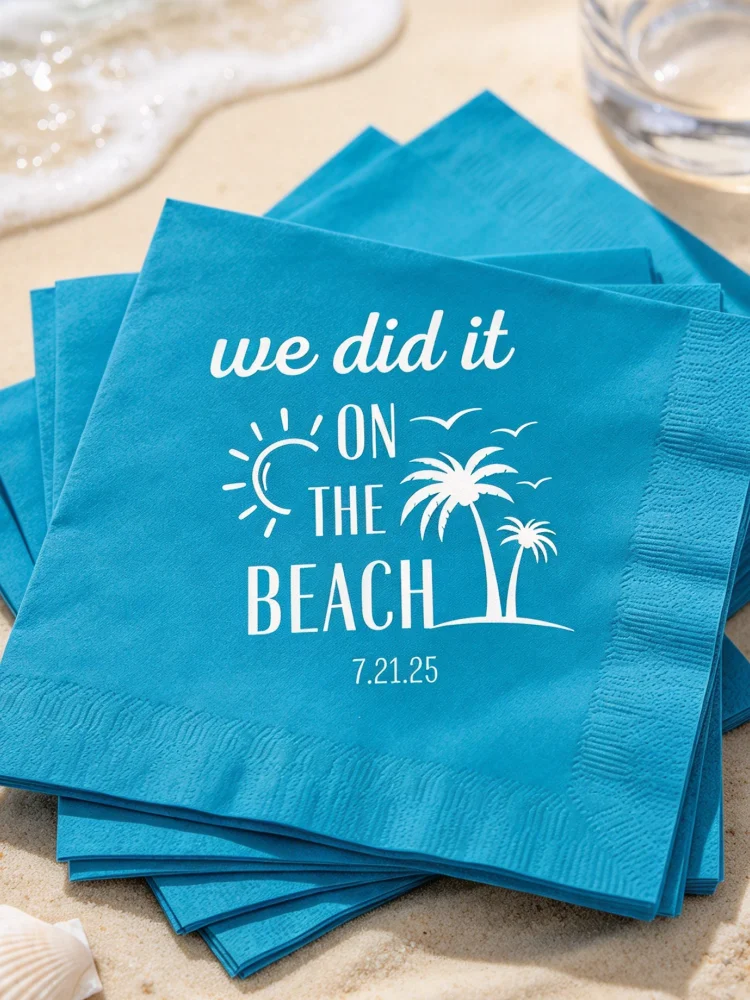 Personalized Beach Wedding Cocktail Napkins, Custom "We Did It on the Beach" Paper Napkins, Tropical Destination Wedding Drink