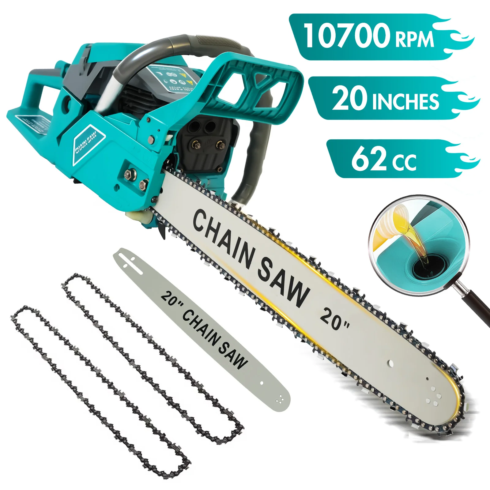 20-Inch Cordless Gasoline Chainsaw Handheld 10700 RPM 2-Stroke 62CC 3.4HP Outdoor for Farm/Ranch/Tree Pruning Wood Cutting Tool