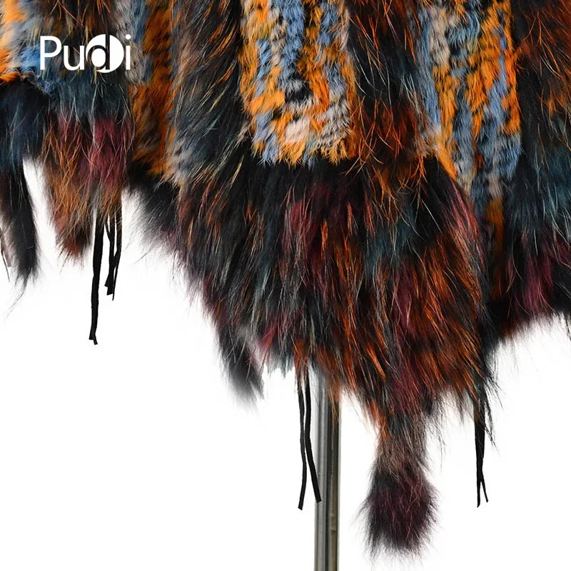 CK708 Echt Gebreide Konijn Sjaal Poncho Stola Met Kwastjes Bolero Cape Gewaad Tippet Wrap Met Wasbeer Bontkraag Vrouwen