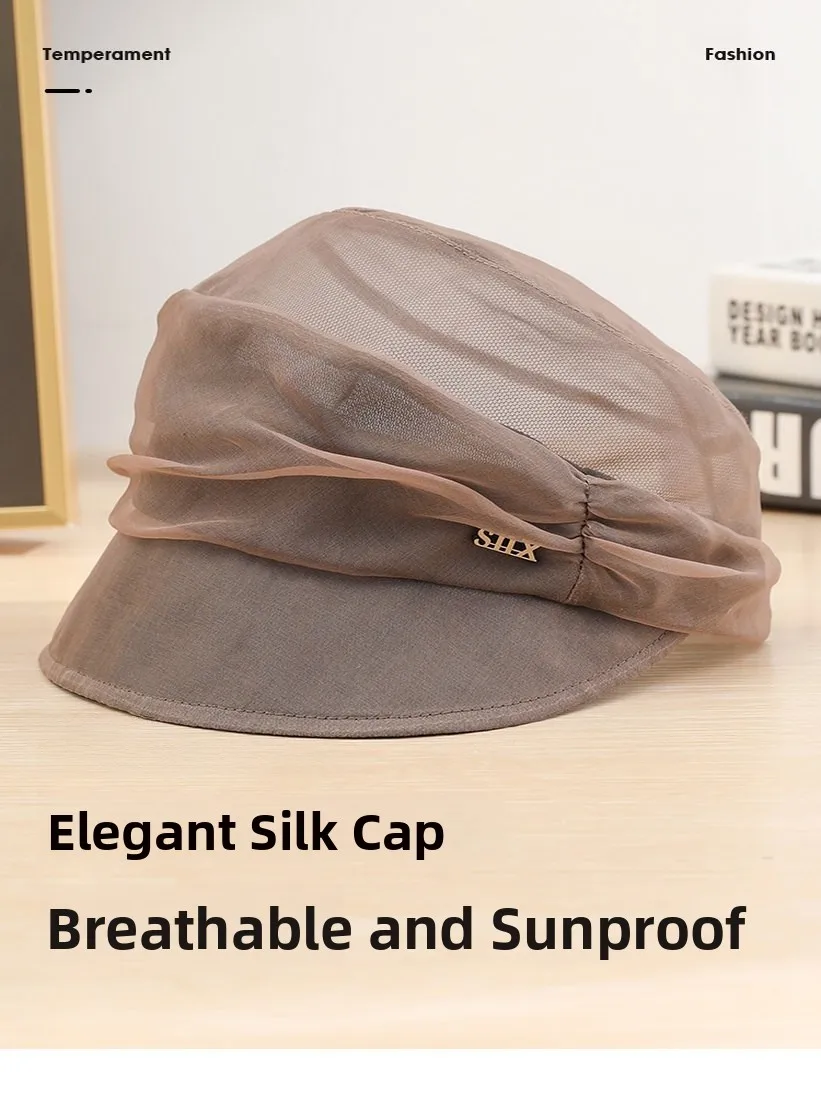 エレガントな女性用シルクワイドブリムハット、日焼け防止、肌に優しい、ファッショナブルなオールシーズン対応ダックビルキャップ、通気性のあるラウンドトップ