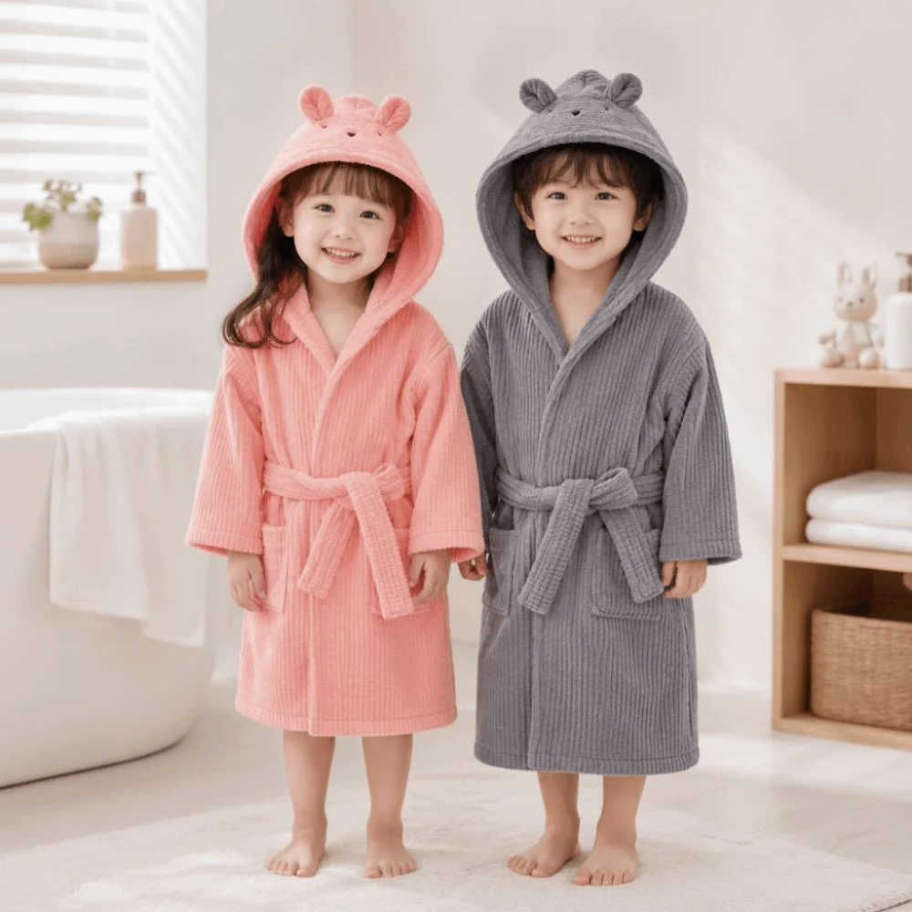 Solid Color Soft Flannel Bathrobe Thickened with Hood Robes Clothes Water Absorption Children's Nightgown for Girls