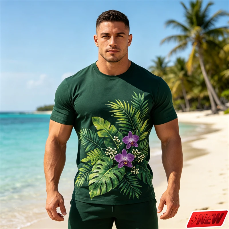 Tropical Plant Flower Graphic T Shirt Men Summer Hawaiian Vacation Short Sleeve Top 3d Printed Leaf Pattern Quick Dry Loose Tee