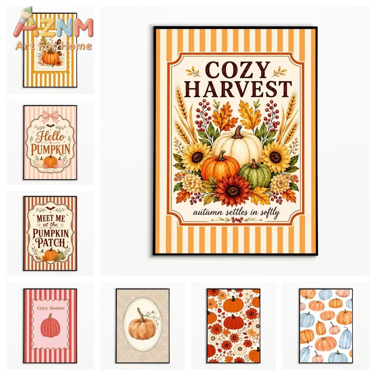 Autumn Vintage Harvest Pumpkin and Sunflower Poster Halloween and Thanksgiving Wall Art Canvas Printing Fall Gift