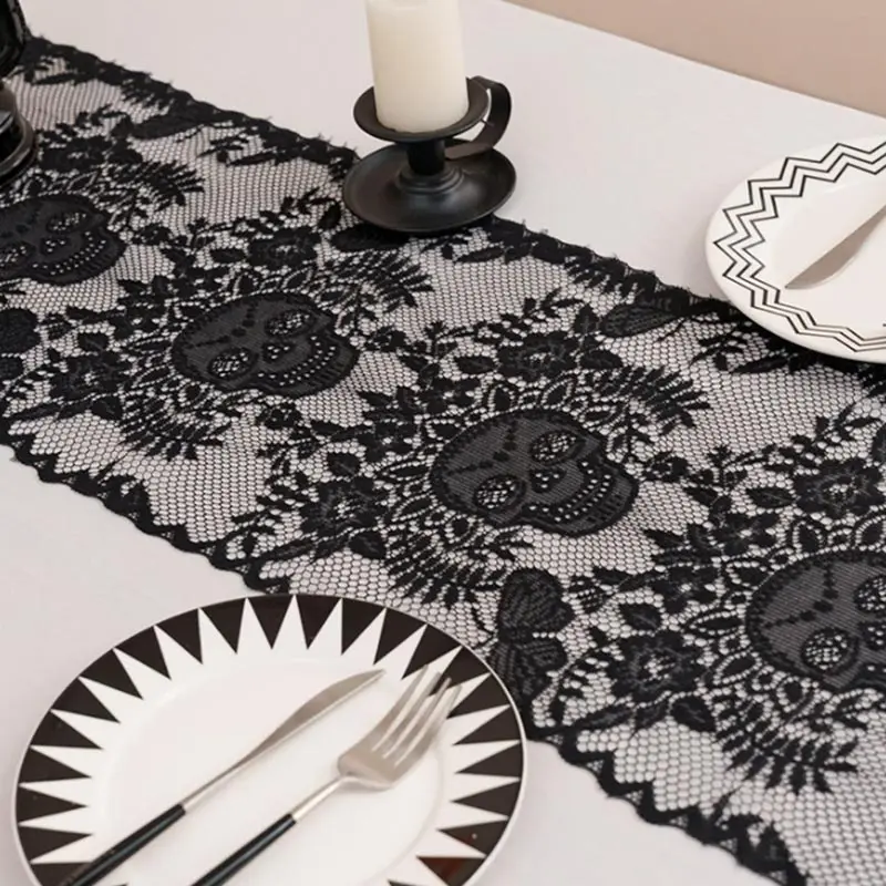 

Halloween Black Lace Skeleton Table Runner Home Party Bar Desktop Soft Hollow Tablecloth Decoration Props Festival Accessories