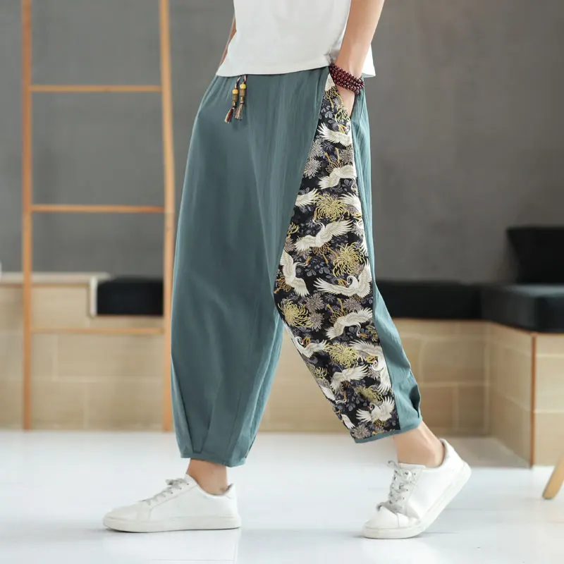 

Linen Cotton Loose Fit Summer Casual Pants Men's Breathable Thin Style Printed Trendy Brand Nine-Tenths Length Trousers