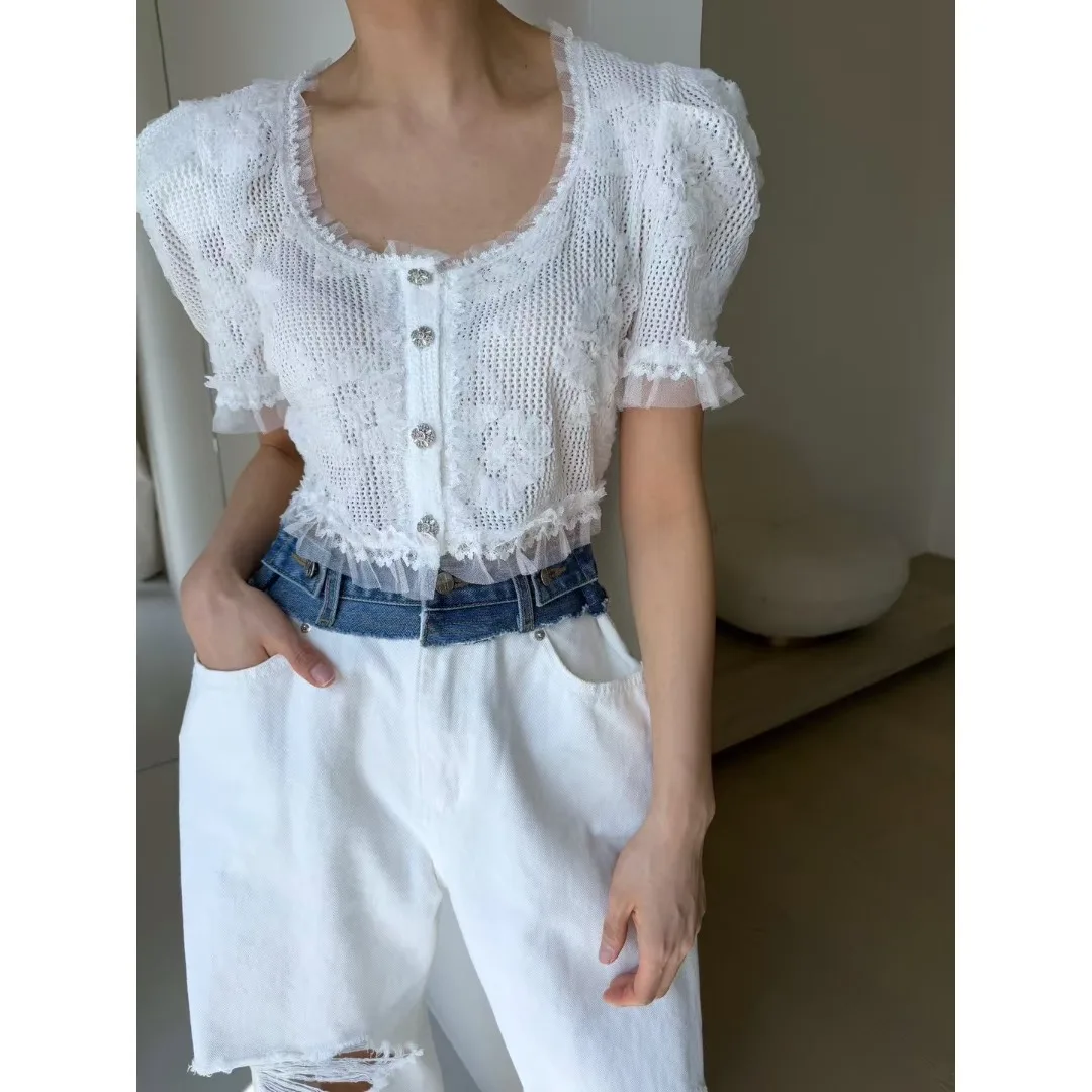 

Korean Style Pure Color Embroidered Hular Lace Trim Top Women's Fashion Summer New Arrival Bubble Sleeve Short Sleeve Shirt