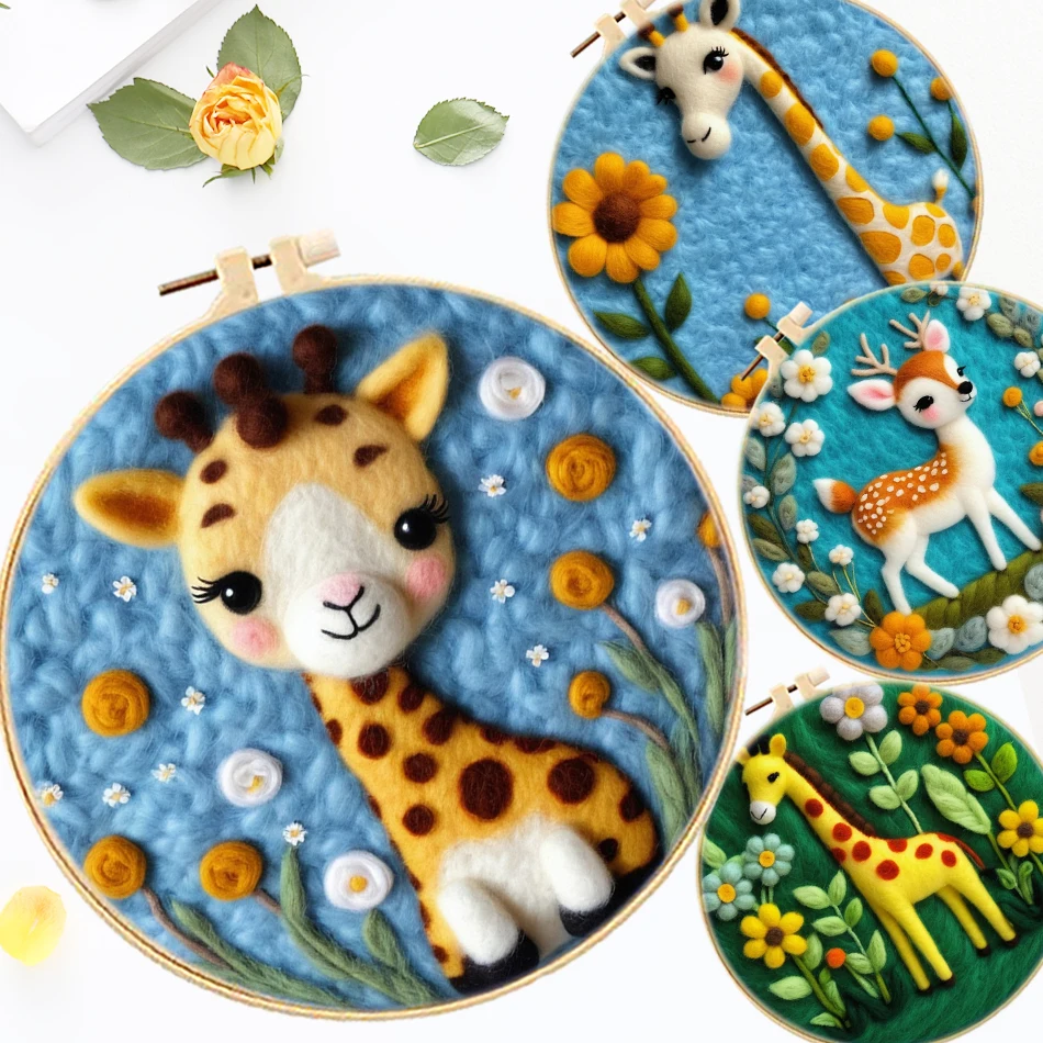 SDOYUNO Wool Felting Painting Deer Giraffe Starter Kit Animal Needle Felting Picture Wool Felting Painting Tool Kit Gift