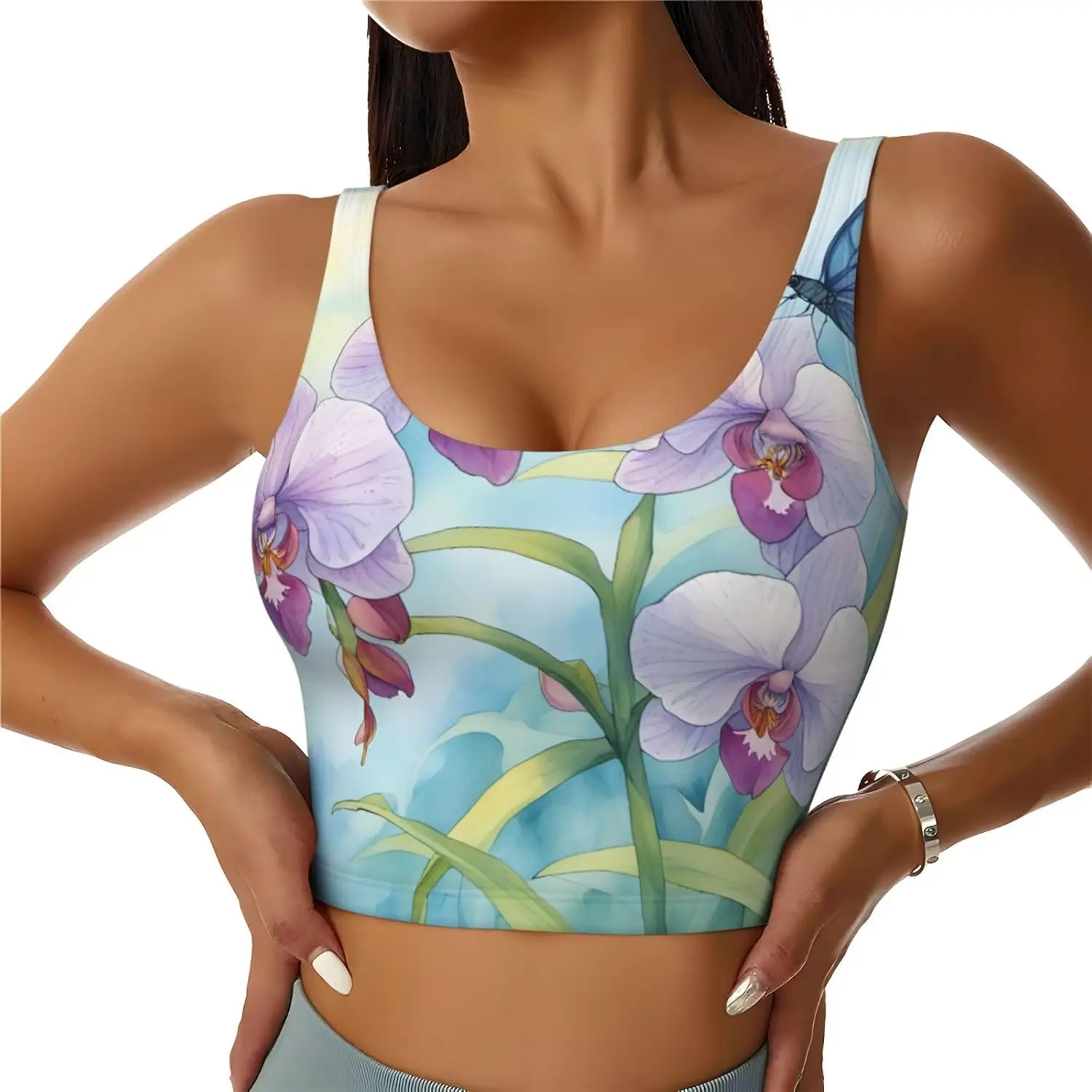 

Women's Orchid Flower Butterfly Soft Fresh Spring Print Sports Tank Top,Lightweight Yoga Vest with Removable Padding
