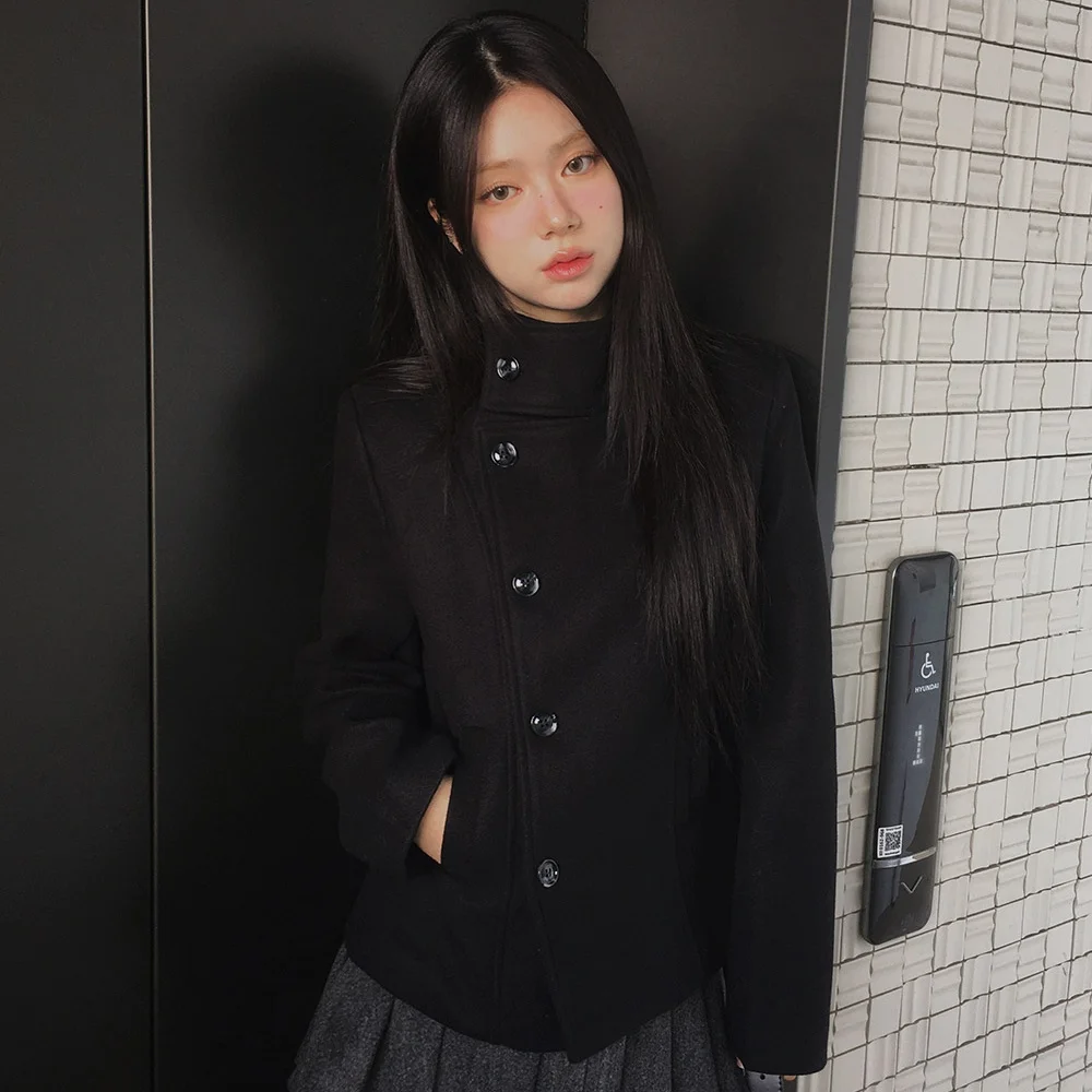 Slim Fit Korean Style Japanese Aesthetic Stand Collar Side Buttoned Black Woolen Coat Long Sleeve Commute Fashion Women's Out...