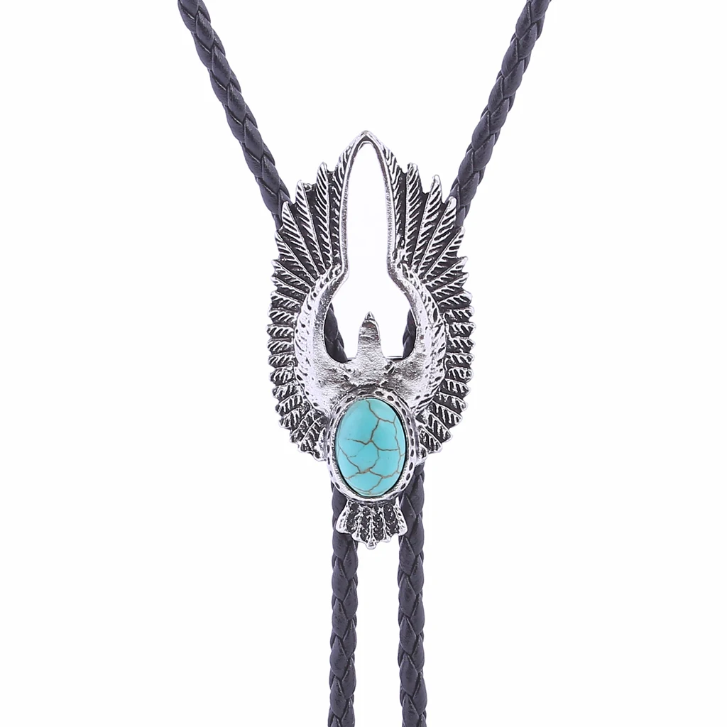 Bolo tie New Retro Shirt Chain Blue stone Flying Wings Bollow Collar Leather Necklace Long tie Pendant