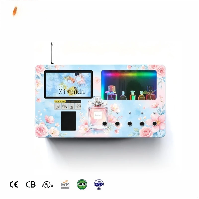 A mais recente máquina de venda automática de perfumes pequena e montada na parede está equipada com tela sensível ao toque.