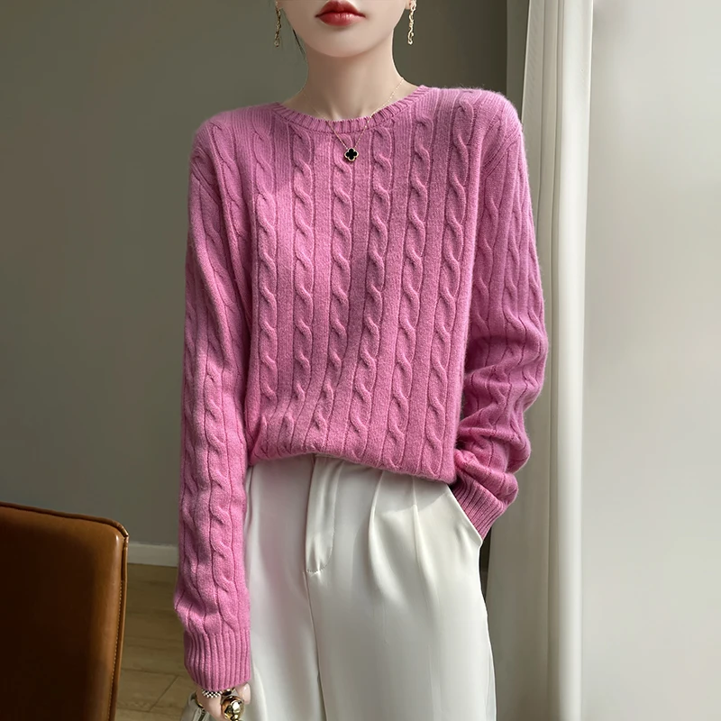 Autumn and Winter round Neck Loose Thick Women's Twist Knitted Sweater Long Sleeve Pullover Bottoming Shirt Lazy Top