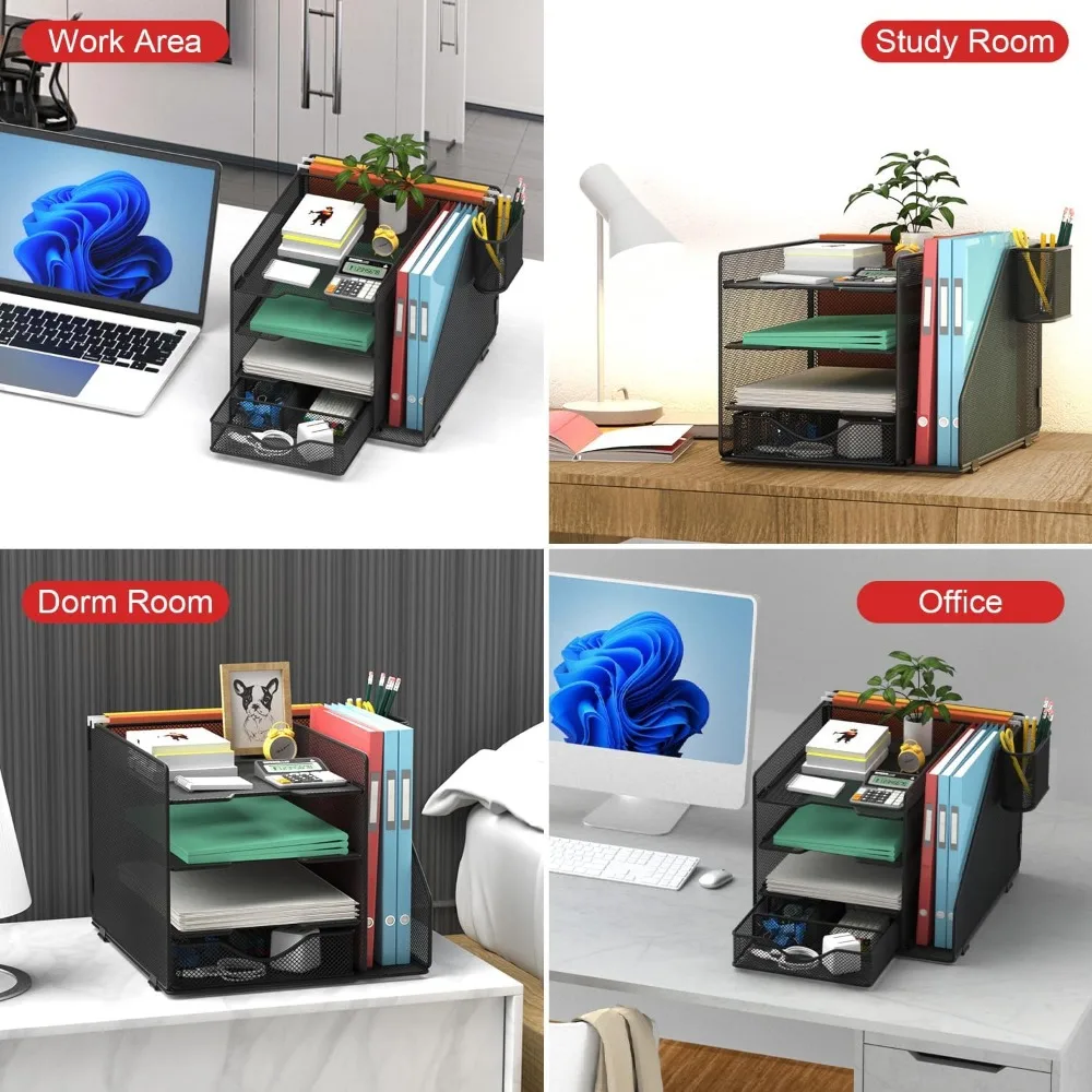 organizer da scrivania con portadocumenti sospeso, vassoio porta lettere in carta con cassetto e portapenne, organizer da scrivania in rete e portaoggetti