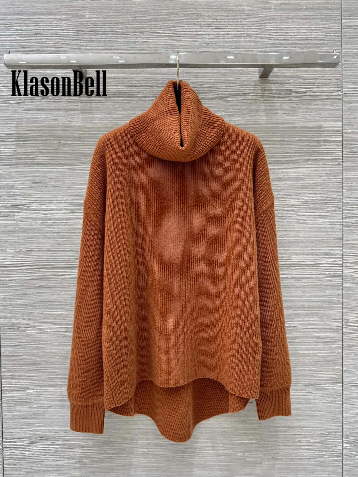 10.8 KlasonBell-Women Turtleneck Cashmere Knit Keep Warm Sweater Solid Jacquard Asymmetrical Hem Design Loose Jumpers