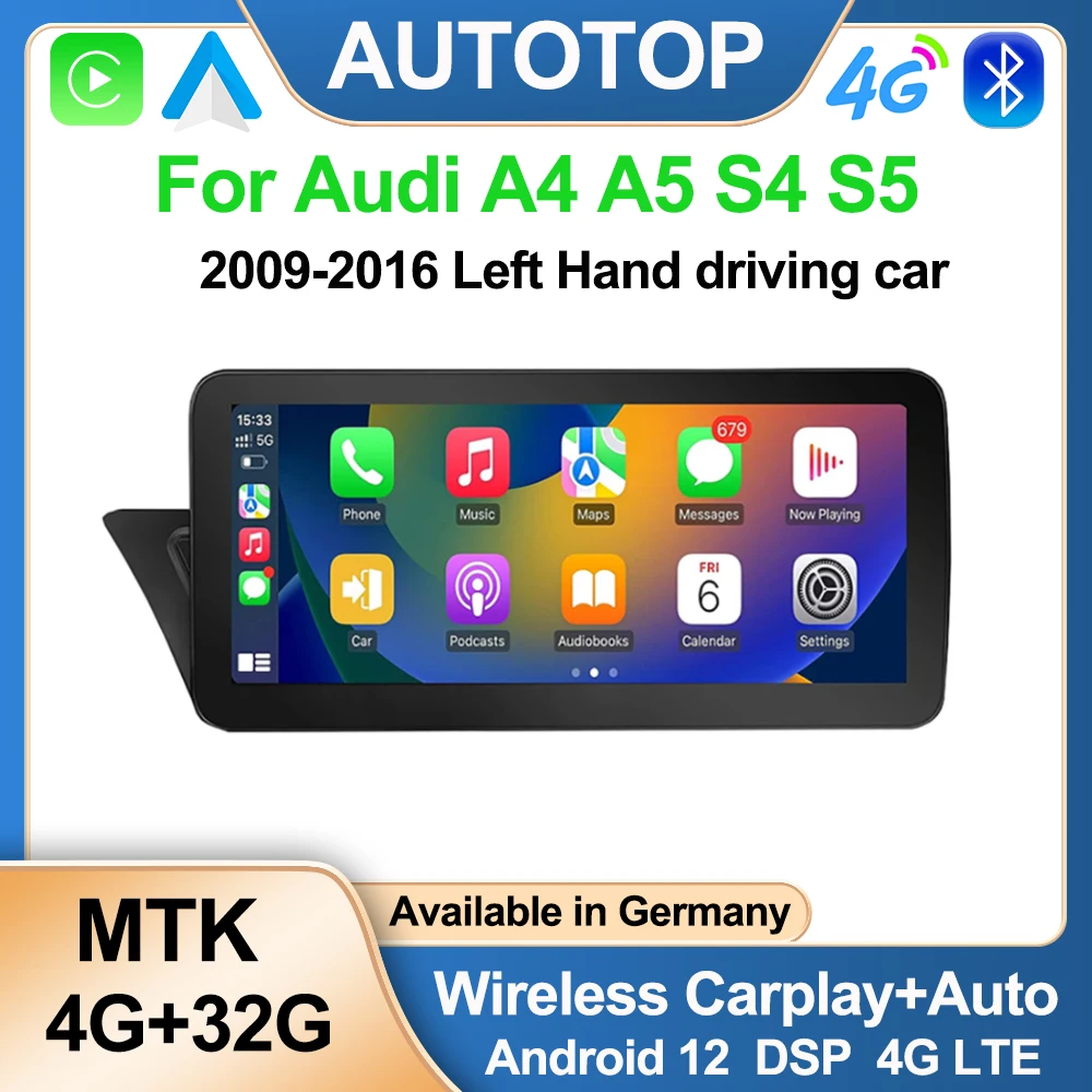AUTOTOP-Autoradio Android avec Navigation GPS et BT, Lecteur de Limitation de Voiture, CarPlay Sans Fil, Wifi, 4G, 2Din, 10.25 Pouces, pour Audi A4, B8, A5, S5 (2009-2016)