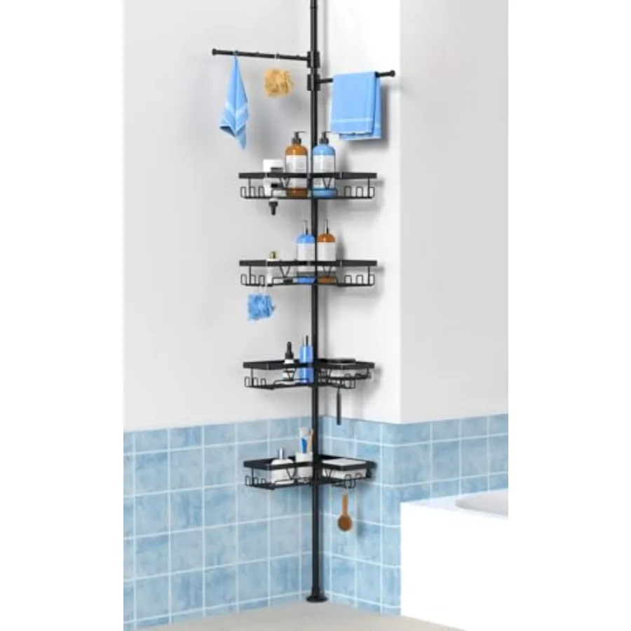 

Black Shower Caddy Tension Pole with 2 Towel Bars, Adjustable Corner Bathroom Organizer, Rustproof Bathtub Storage Shelves for